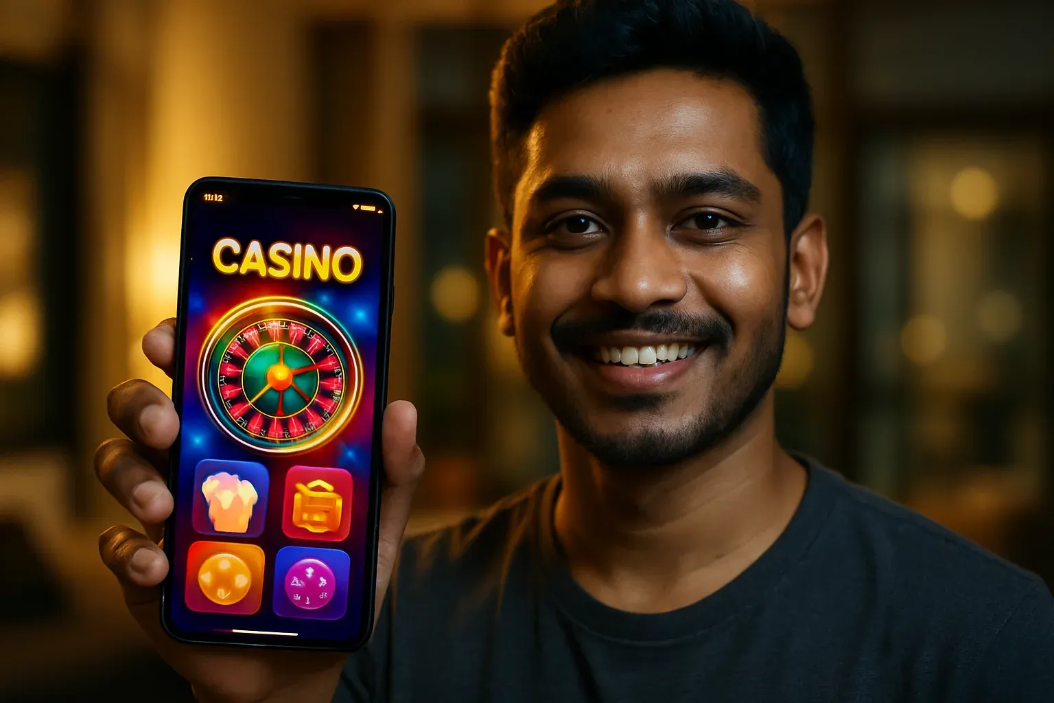Young Bangladeshi man holding smartphone showing glowing colorful casino app interface