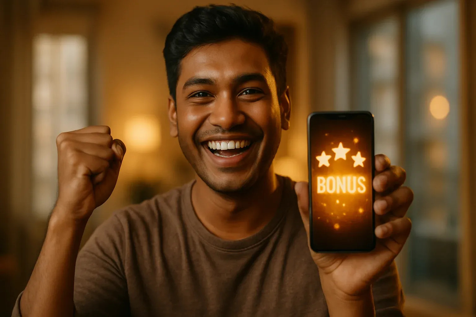 Joyful Bangladeshi man celebrating, holding smartphone showing glowing bonus notification UI