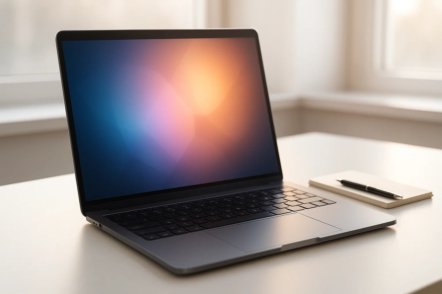 Modern laptop on white desk with abstract glowing screen in daylight