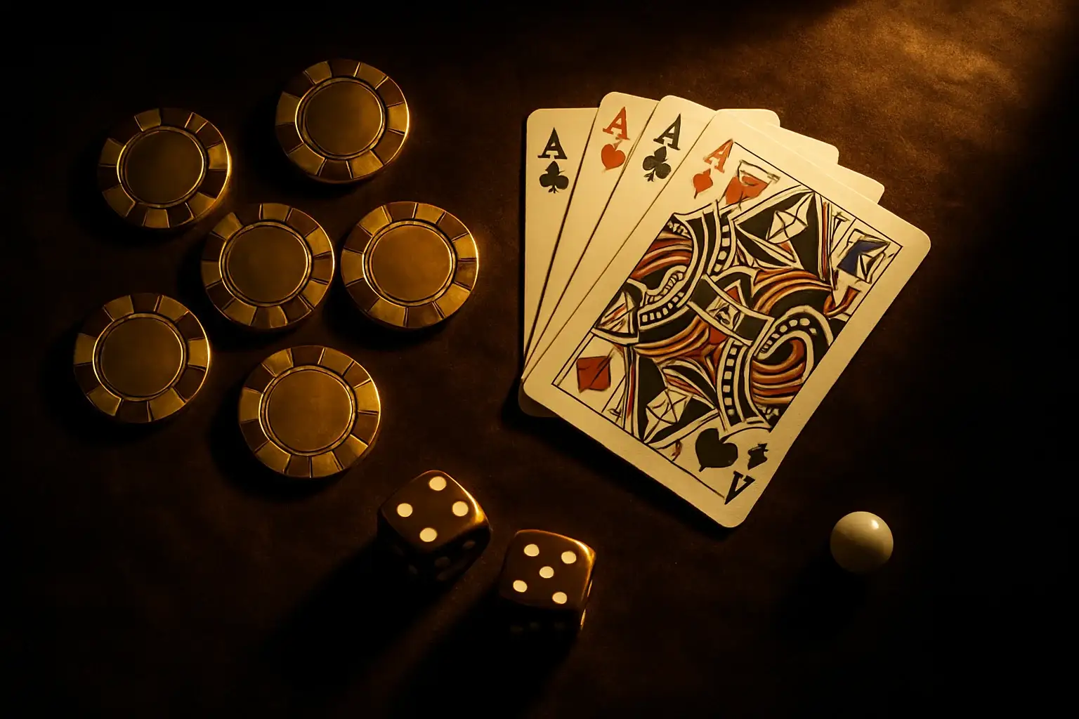 Top-down flat-lay of casino chips, playing cards, dice, and roulette ball