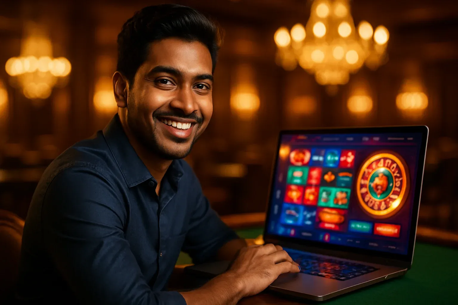 Cheerful Bangladeshi man smiling at laptop in premium casino lounge