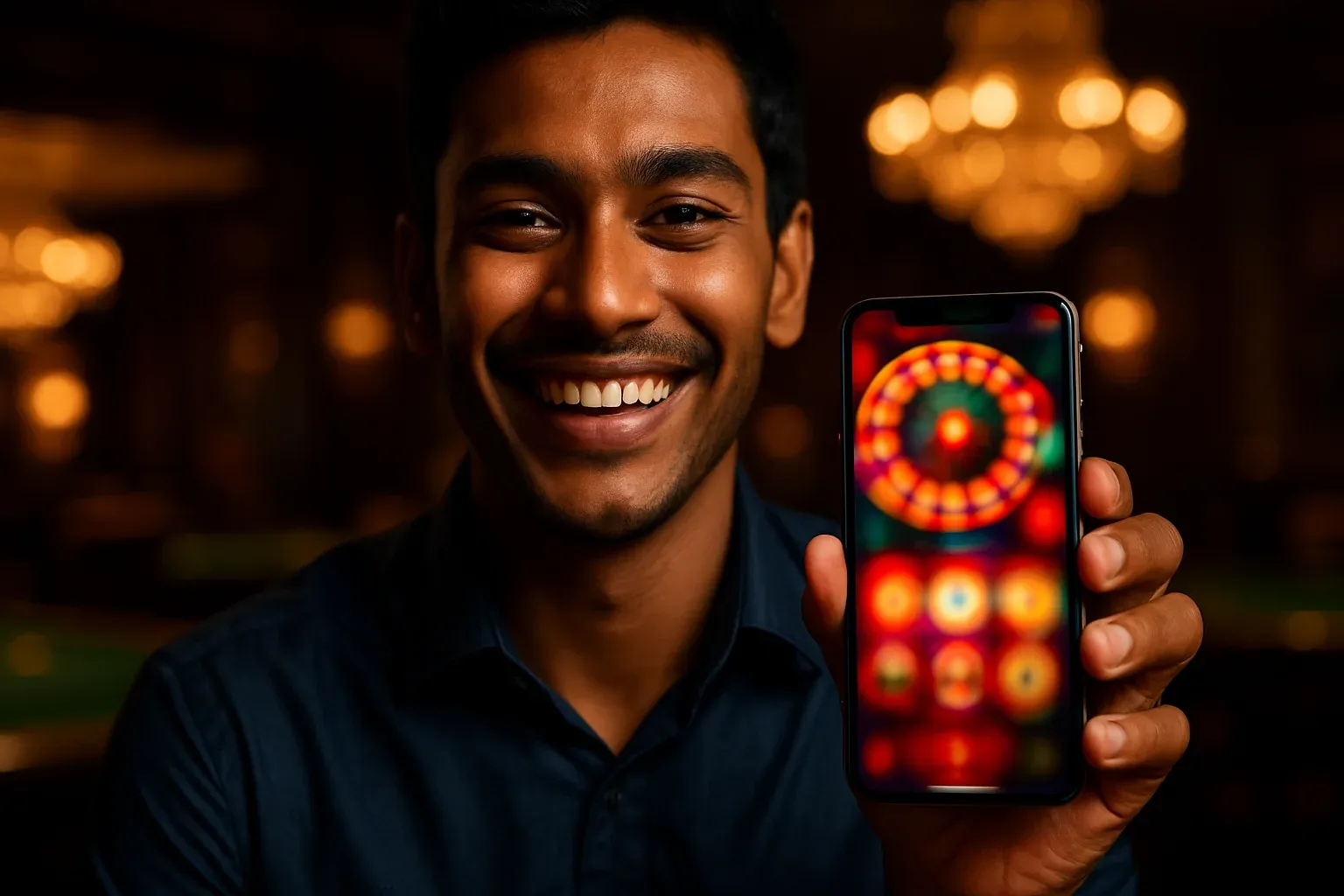 Cheerful young Bangladeshi man holding smartphone showing blurred casino app UI