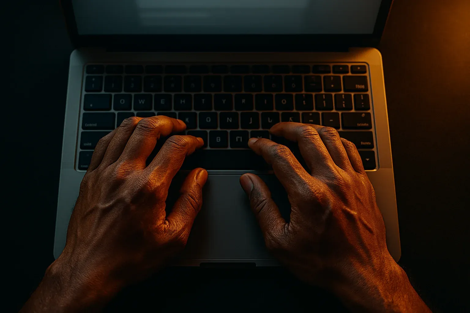 Close-up of Bangladeshi hands typing on laptop in dramatic light