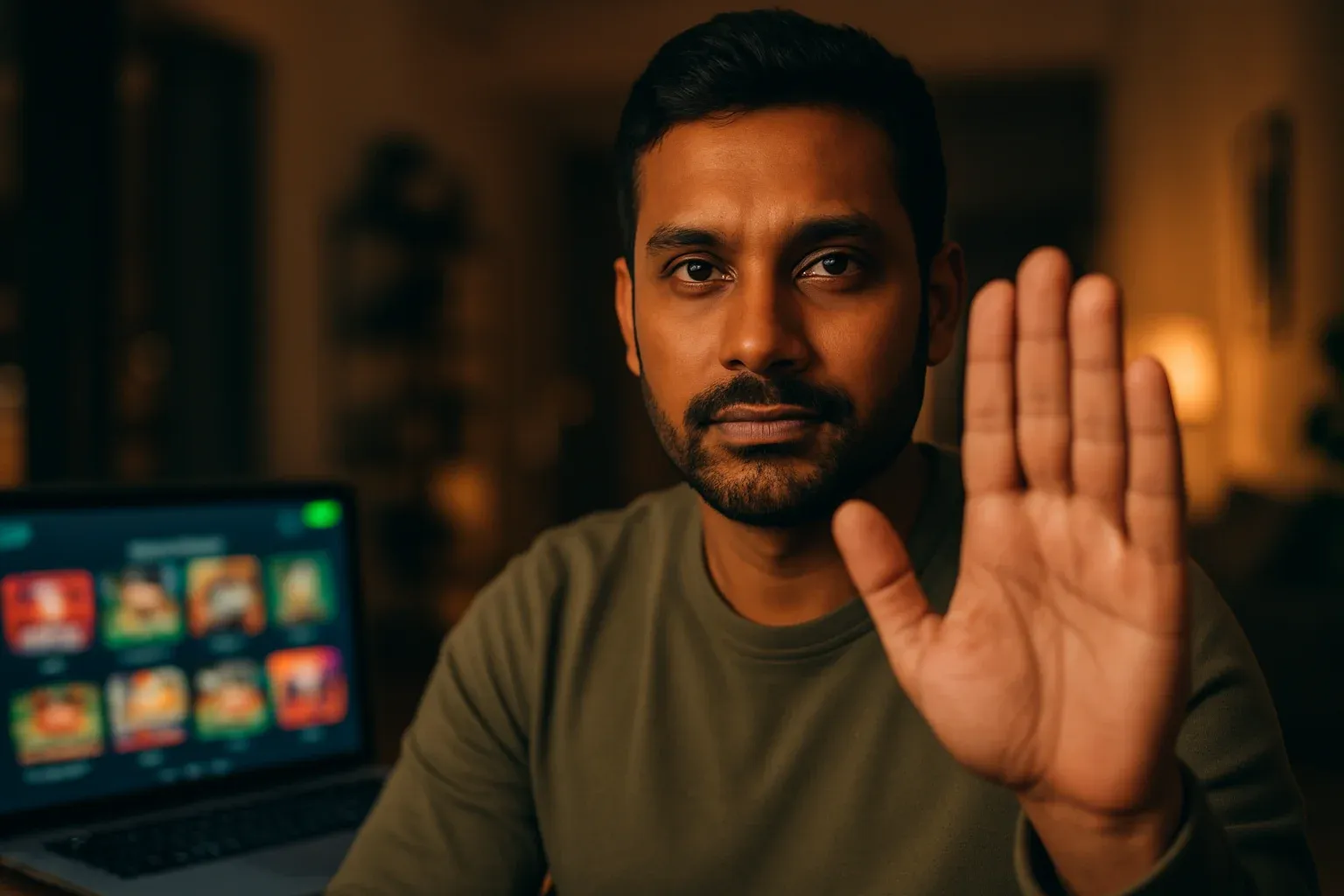 Bangladeshi man shows stop gesture by laptop with blurred online casino