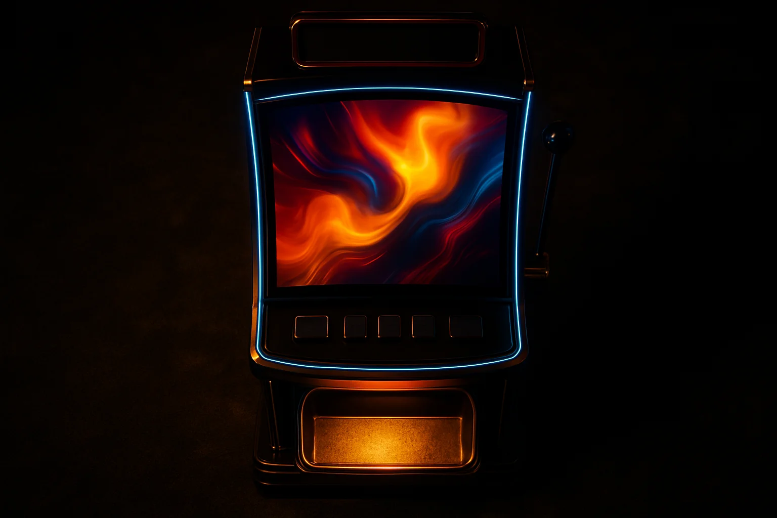 Hyperrealistic premium slot machine in dark luxury setting with neon lighting